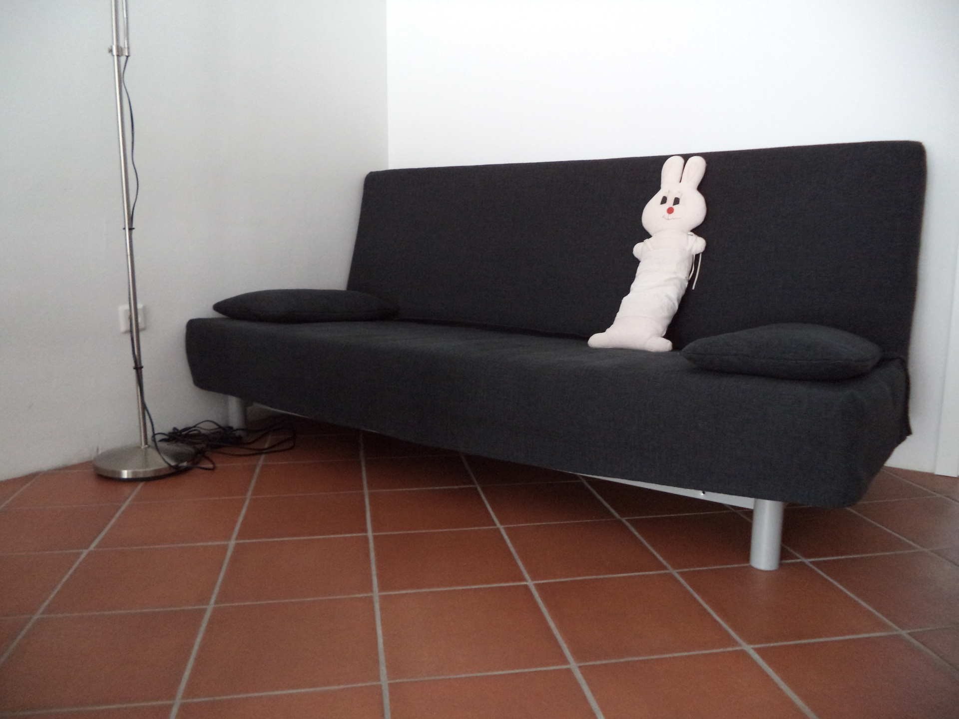 The couch in the main room with a stuffed rabbit sitting on top (large apartment).